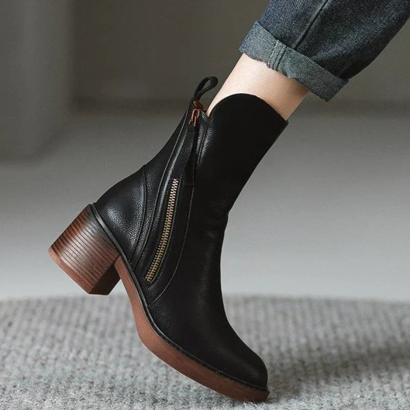 Women's Ankle Boots with Side Zipper and Sturdy Sole
