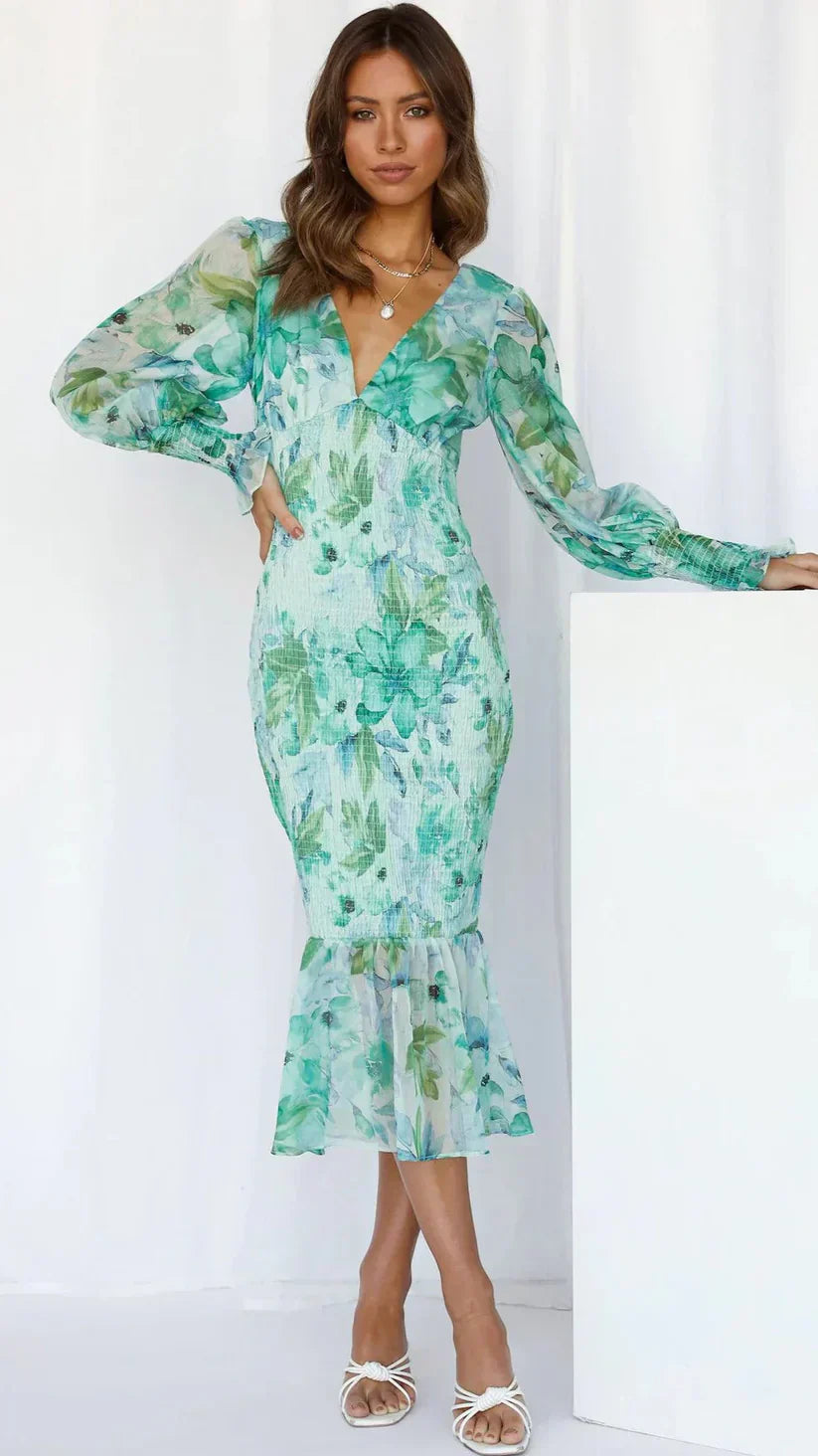 Women's Floral Dress with Short Sleeves and A-Line Skirt