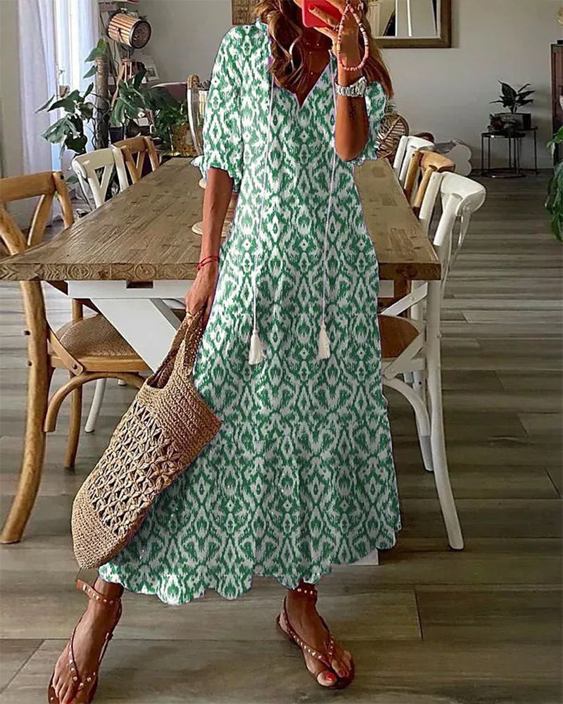 Sira Boho Dress By Street-wave For Women With Effortless Loose Fit Lantern Sleeves V Neck And Airy A Line Maxi