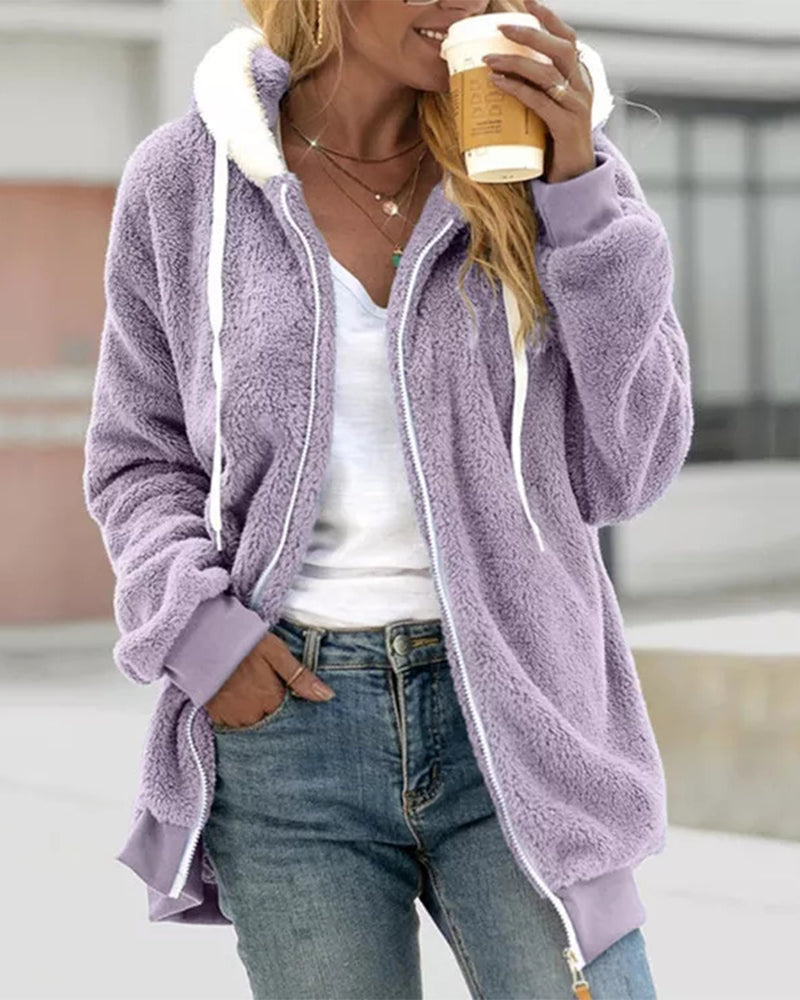 Streetwave Women Sherpa Fleece Zip Hoodie Cozy Warm Relaxed Fit For Casual Outings