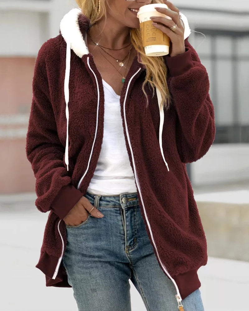 Streetwave Women Sherpa Fleece Zip Hoodie Cozy Warm Relaxed Fit For Casual Outings