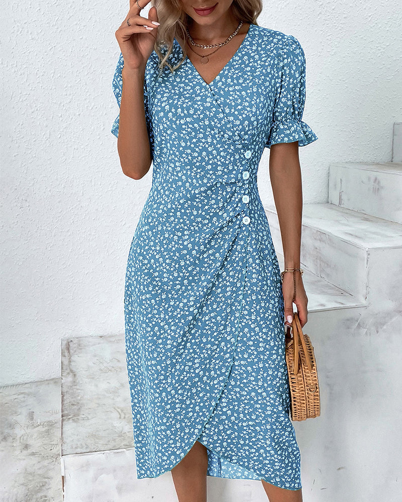 Women's V-Neck Dress with Floral Print and Flowy Design