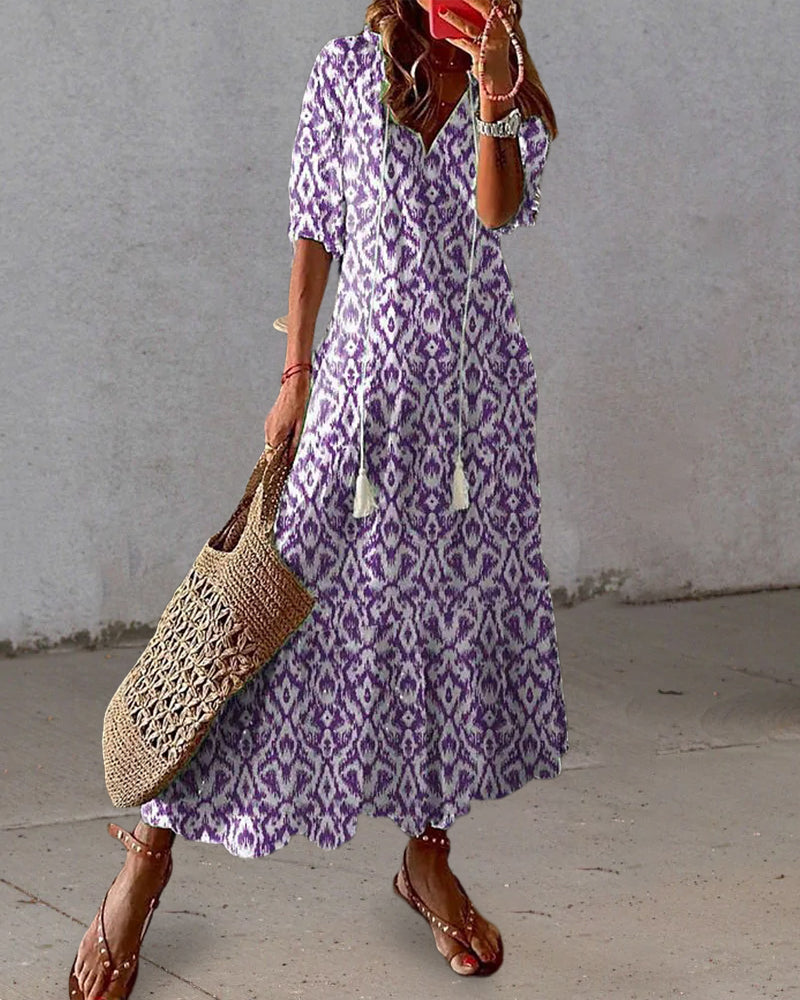 Sira Boho Dress By Street-wave For Women With Effortless Loose Fit Lantern Sleeves V Neck And Airy A Line Maxi