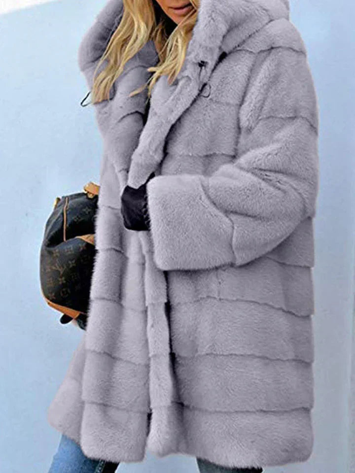 Street-Wave Faux Fur Hooded Pink Parka Coat For Women, Plush Warmth And Cozy Open Front Style