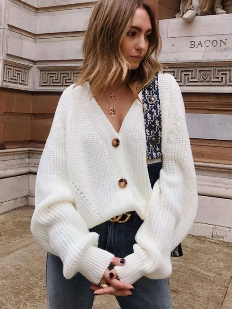 Street-Wave Puff Sleeve Knit Cardigan For Women Relaxed Fit Cozy Layering Essential With Button Front