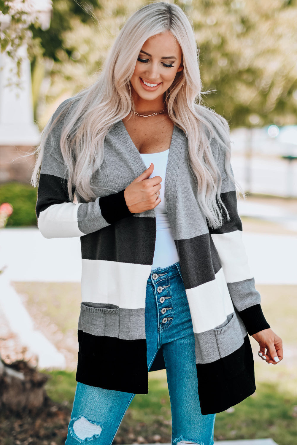 Streetwave Color Block Open Front Cardigan With Pockets For Women Cozy Chic Everyday Wear
