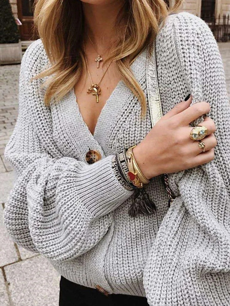 Street-Wave Puff Sleeve Knit Cardigan For Women Relaxed Fit Cozy Layering Essential With Button Front