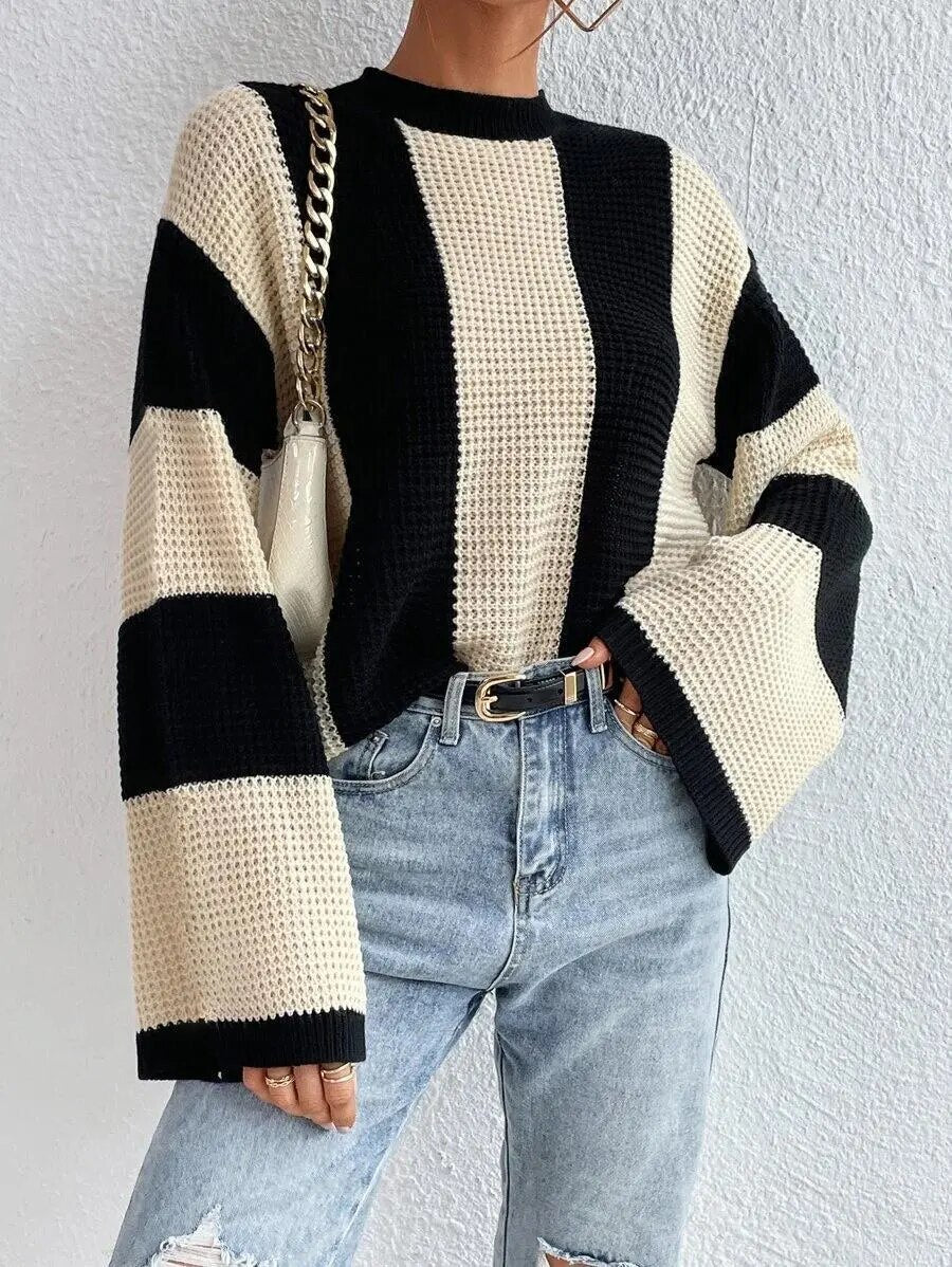 Street-wave Two Tone Knit Pullover With Voluminous Sleeves For Women Cozy Casual Fashion Sweater