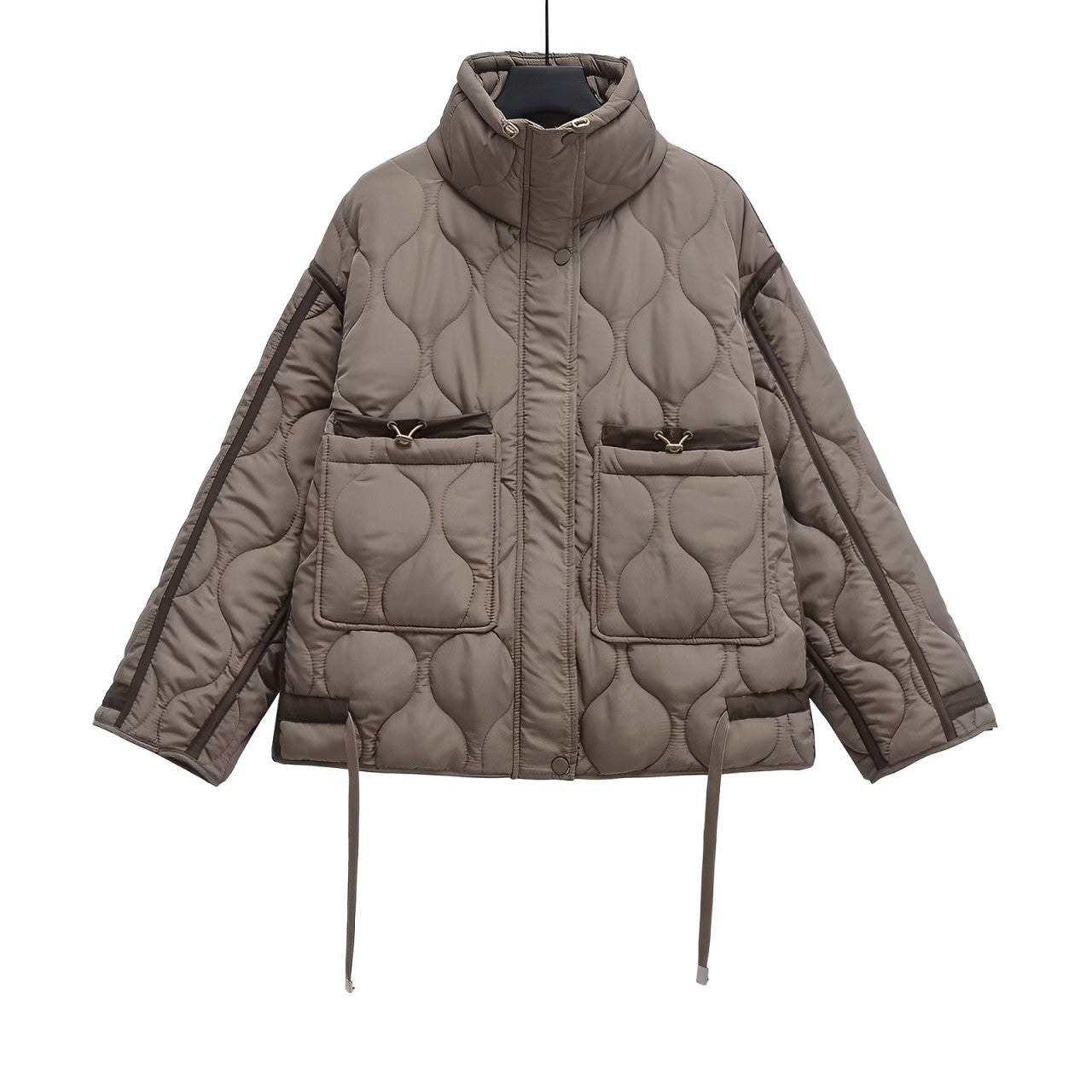 Street Wave Cotton Jacket Hip Length With Stand Collar Drawstring For Women Effortless Everyday Style