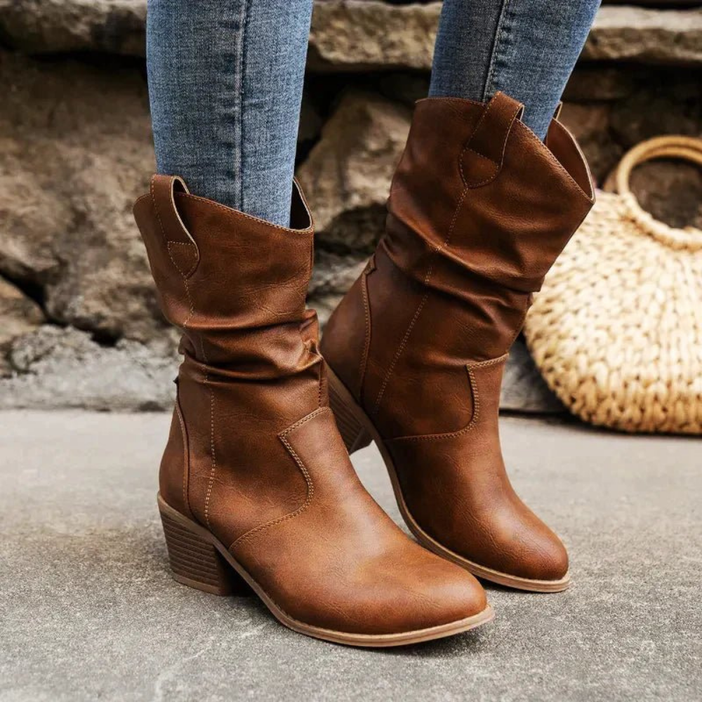 Street Wave Western Ankle Boots Women Slouchy Shaft Block Heel Chic Fall Look Modern Urban Cowboy Style