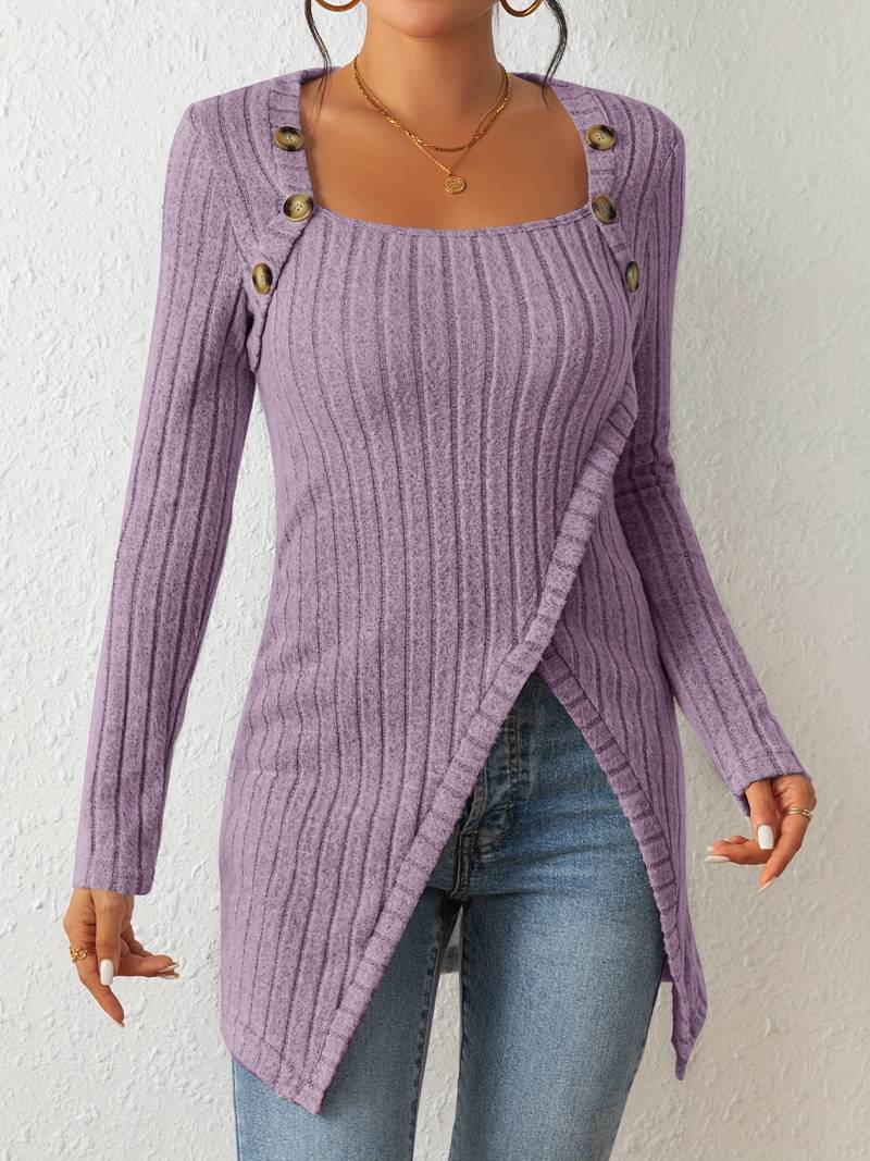 Street-Wave Square Neck Ribbed Knit Sweater With Side Slits For Women Cozy Chic Essential