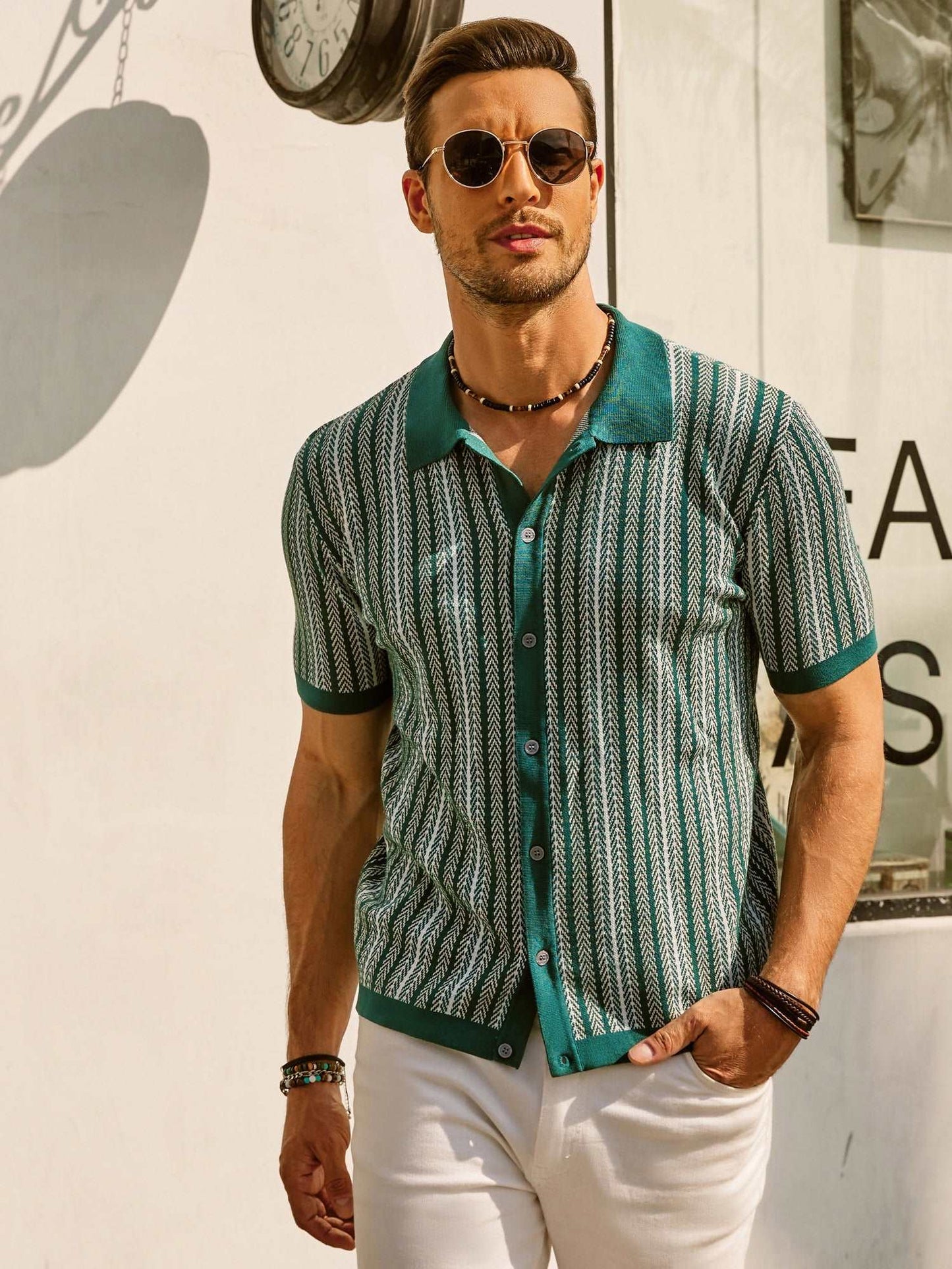 Mens Polo Shirt Slim Fit Retro Stripes Button Closure Breathable Knit Short Sleeve