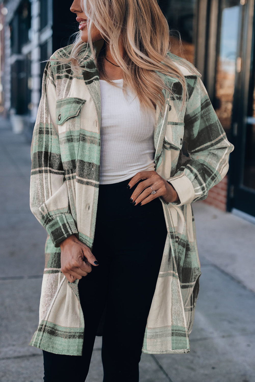 Street-wave Long Plaid Shirt Jacket Cotton Blend Stylish And Practical Women Wardrobe Essential