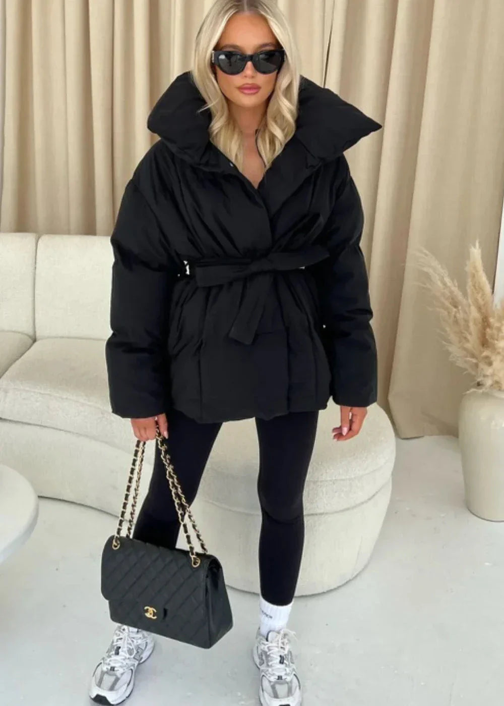 Street-wave Puffer Coat For Women With Belt And Oversized Collar Warm Brown Winter Coat