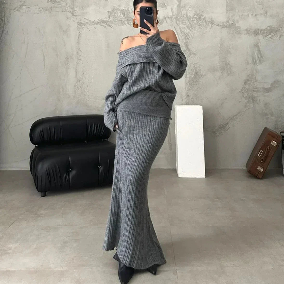 Street-wave Off Shoulder Knit Set For Women Elegant Cozy Ribbed Sweater Skirt Duo Perfect For Daily Chic Comfort