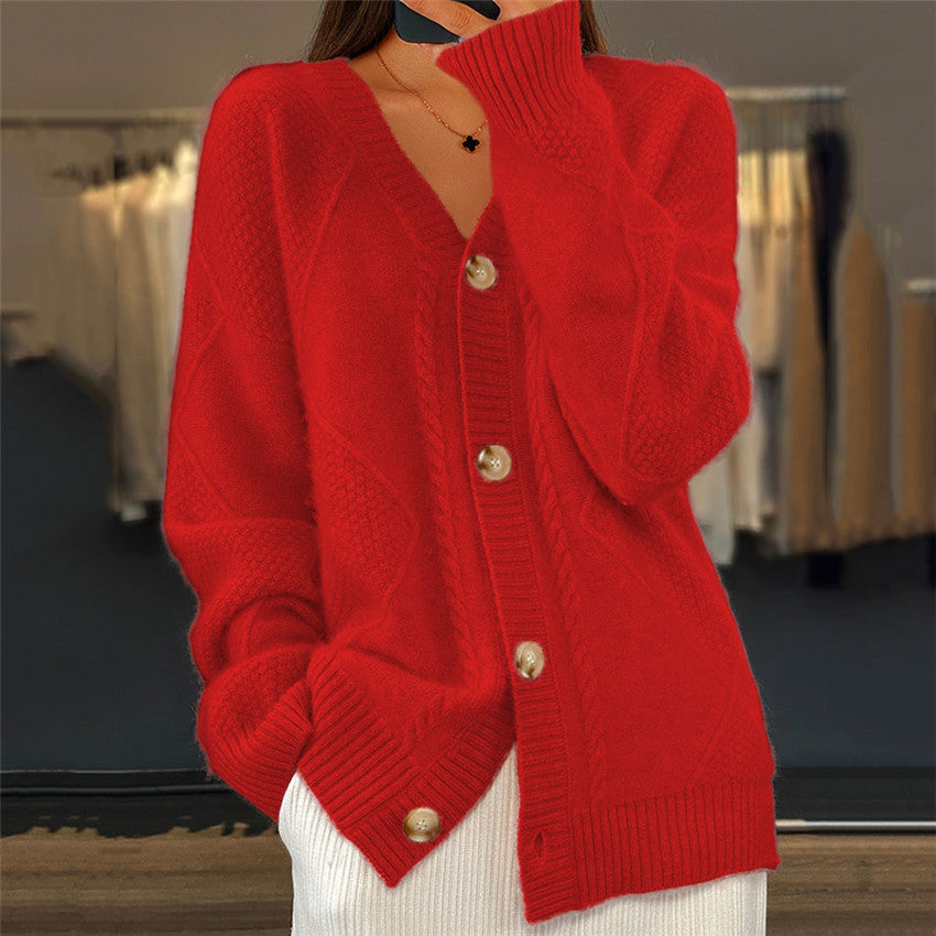 Street-wave V-Neck Cable Knit Cardigan For Women, Cozy Timeless Office Casualwear