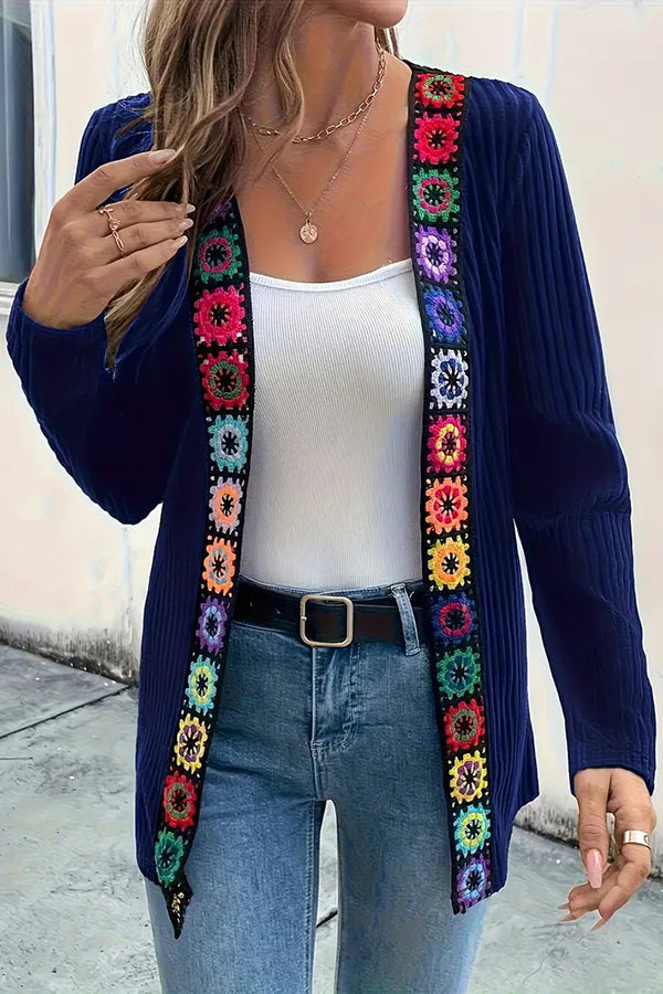 Street Wave Floral Trim Knit Cardigan With Long Sleeves For Women Casual Chic Soft Comfort