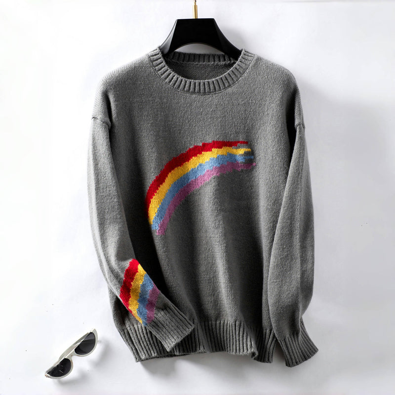Street-wave Rainbow Knit Sweater For Women Cozy Crewneck With Multicolor Rainbow Pattern And Warmth