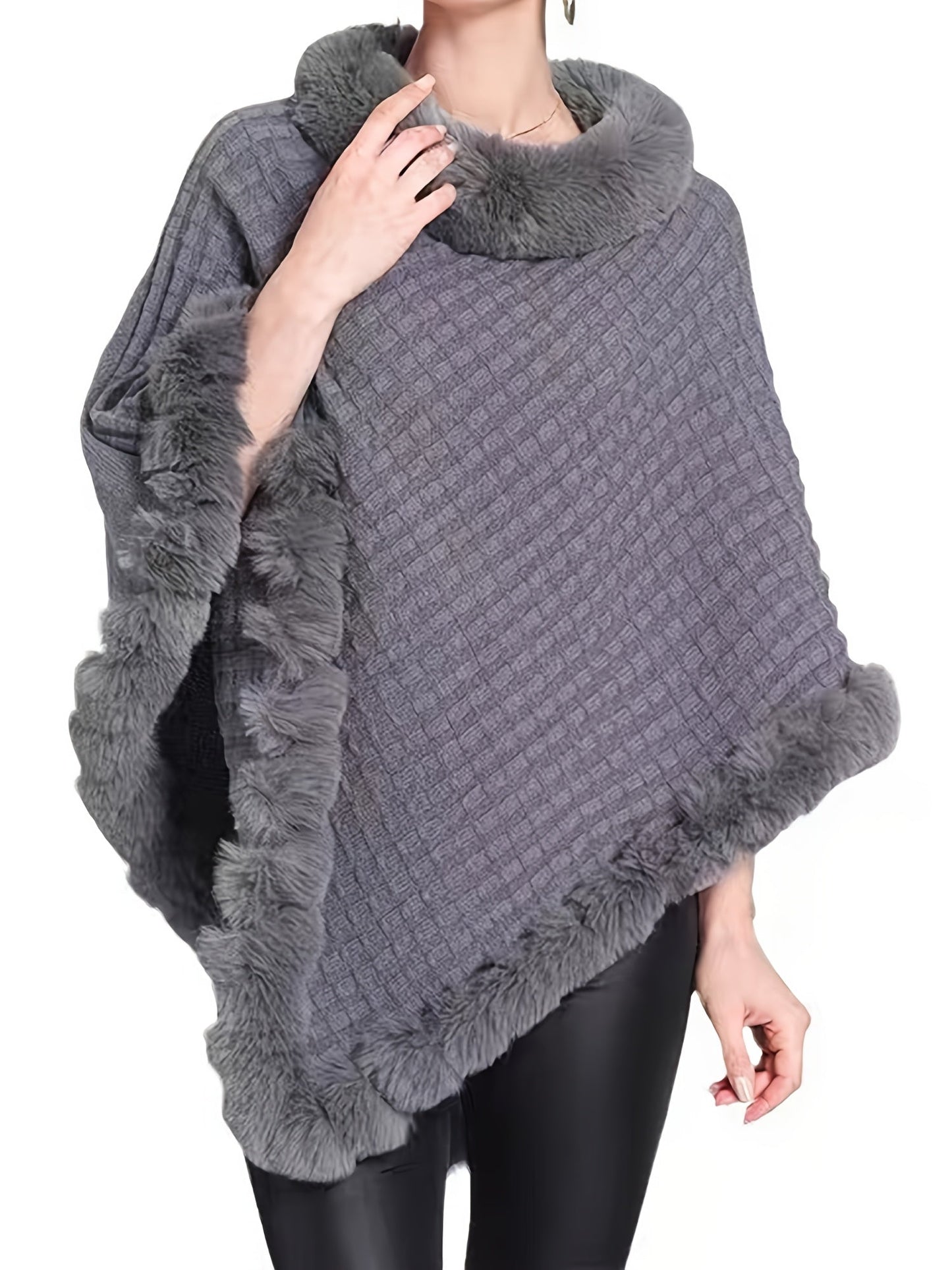 Street-wave Faux Fur Trim Poncho In Acrylic Knit With Luxurious Texture Elegant Warm Layer For Women