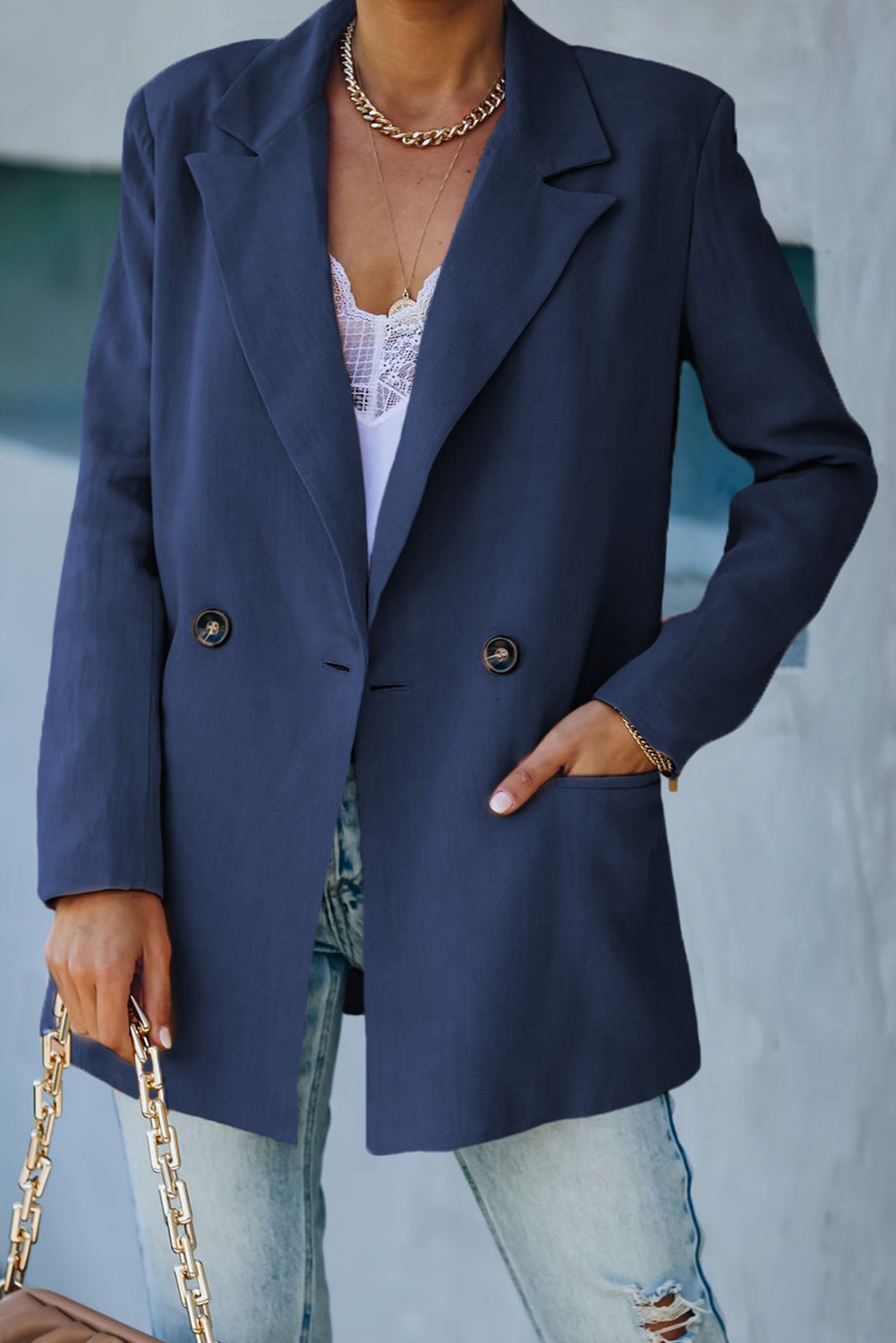 Street-Wave Double-Breasted Blazer With Padded Shoulders And Pockets For Women Chic Everyday Style