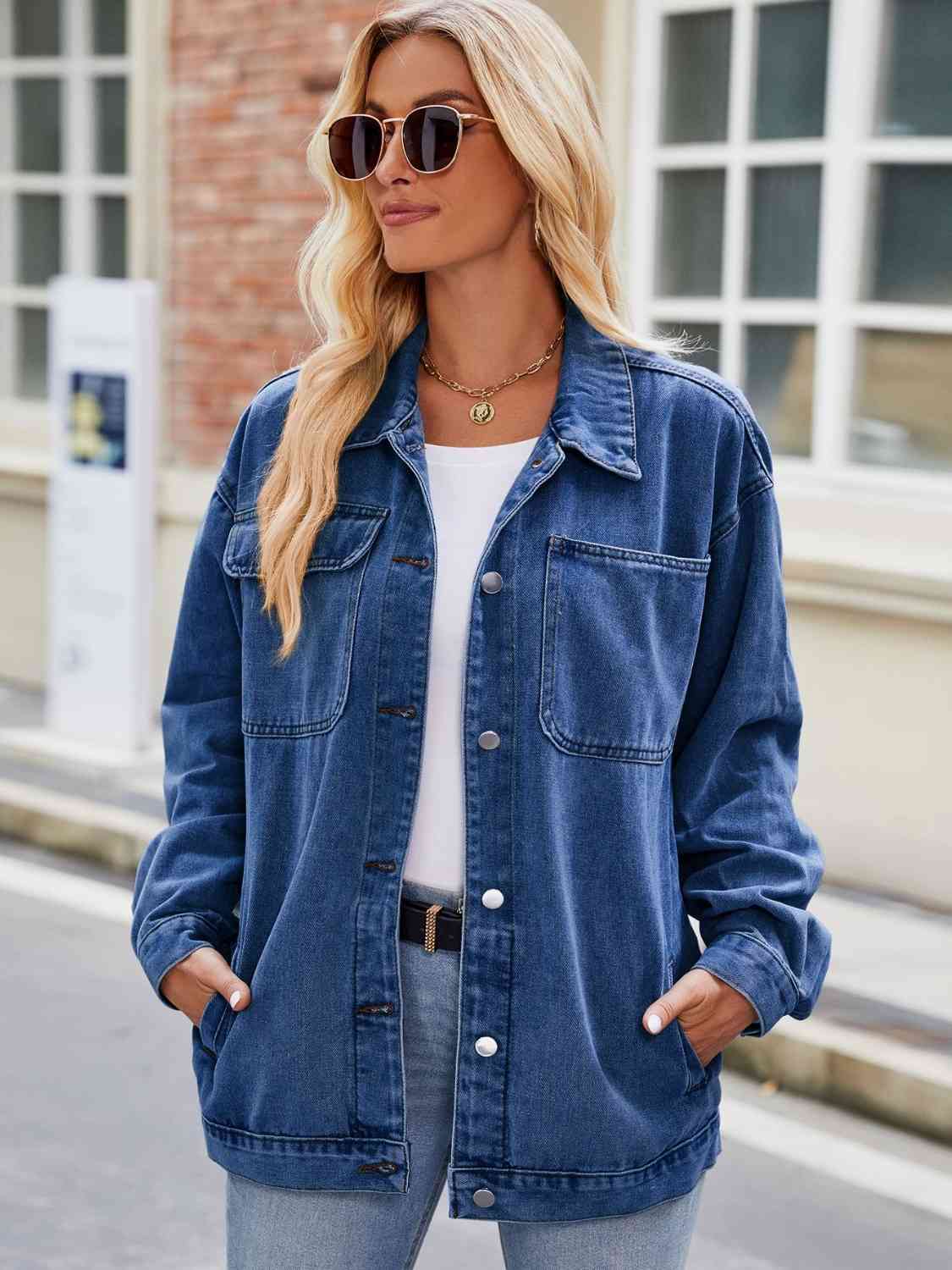 Street-Wave Button Down Denim Jacket With Pockets For Women Classic Non Stretch Wardrobe Essential