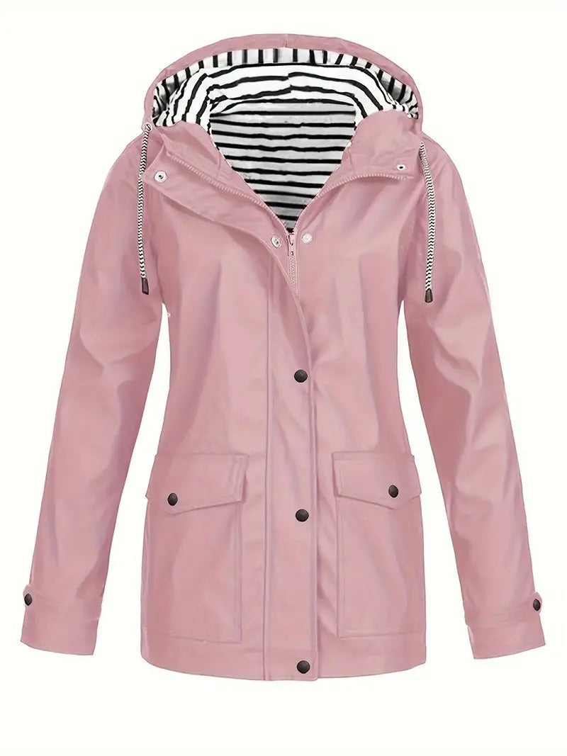 Street-wave Women's Waterproof Raincoat With Striped Lining Hooded Coat Trendy All-Weather Jacket