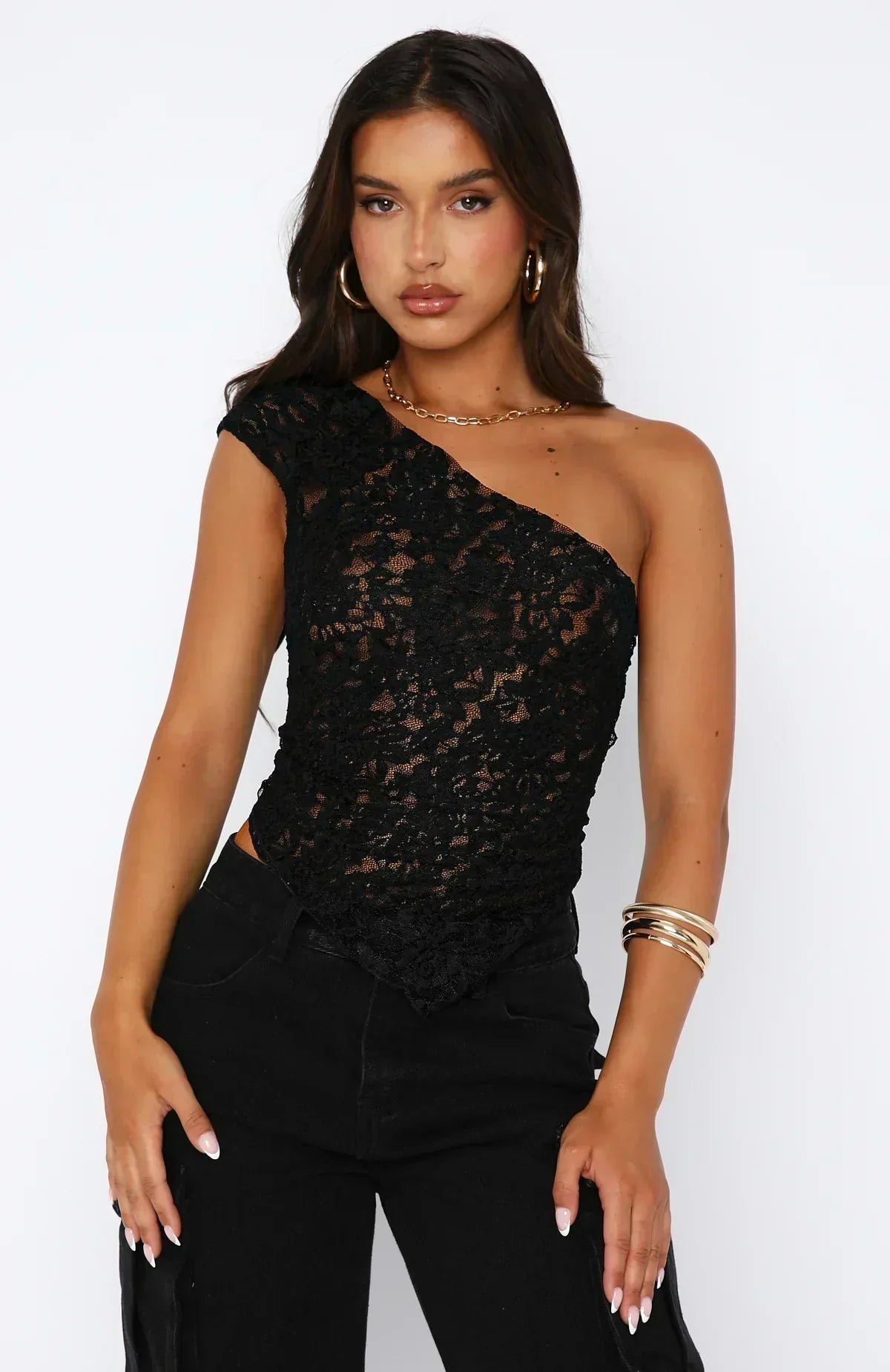Street-Wave Womens Lace One Shoulder Crop Top With Asymmetric Hem