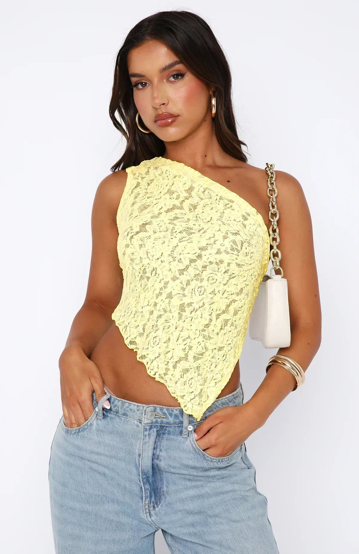 Street-Wave Womens Lace One Shoulder Crop Top With Asymmetric Hem