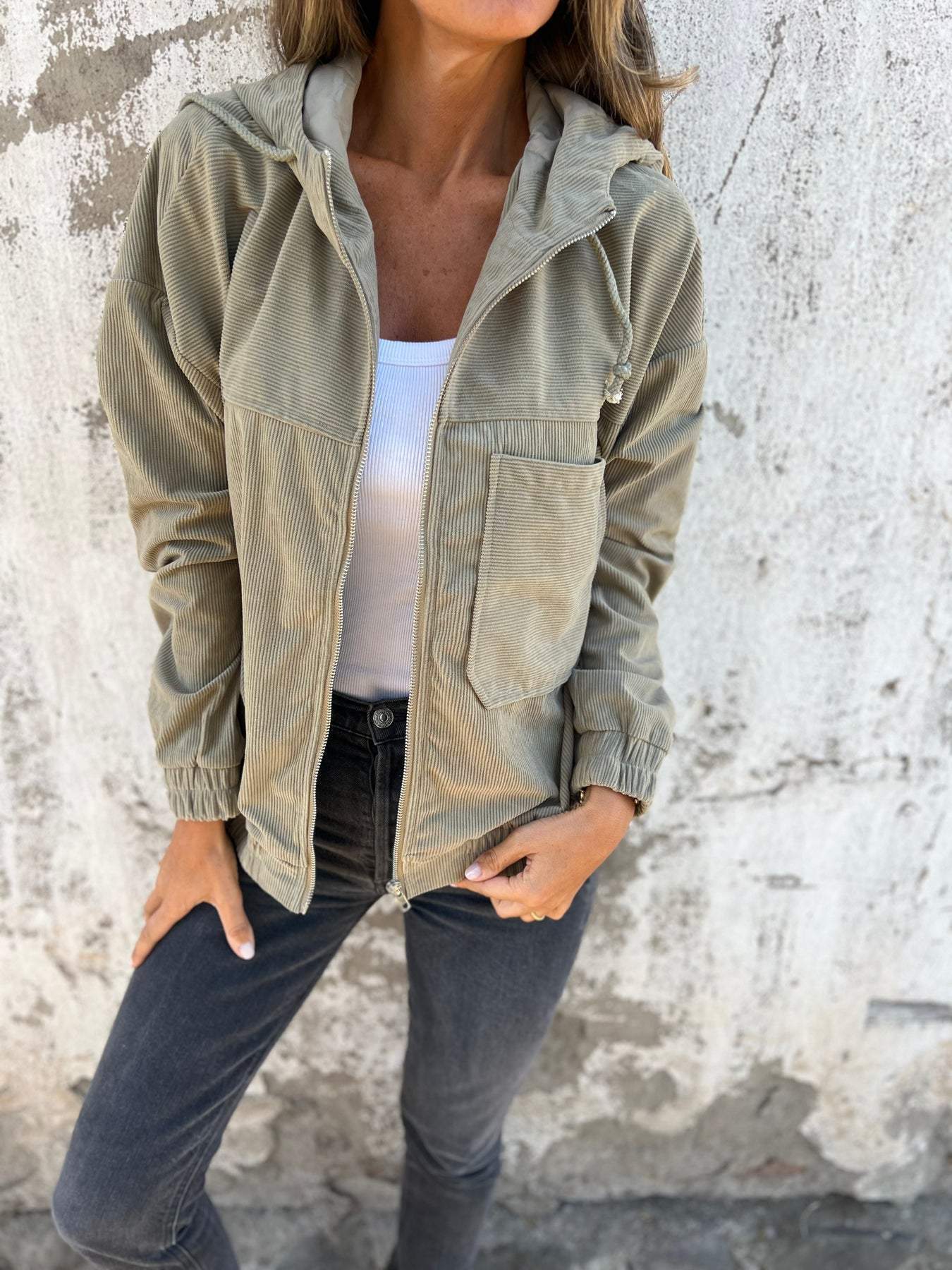 Street-Wave Corduroy Jacket For Women With White Hood And Zip Front Casual Chic Outerwear