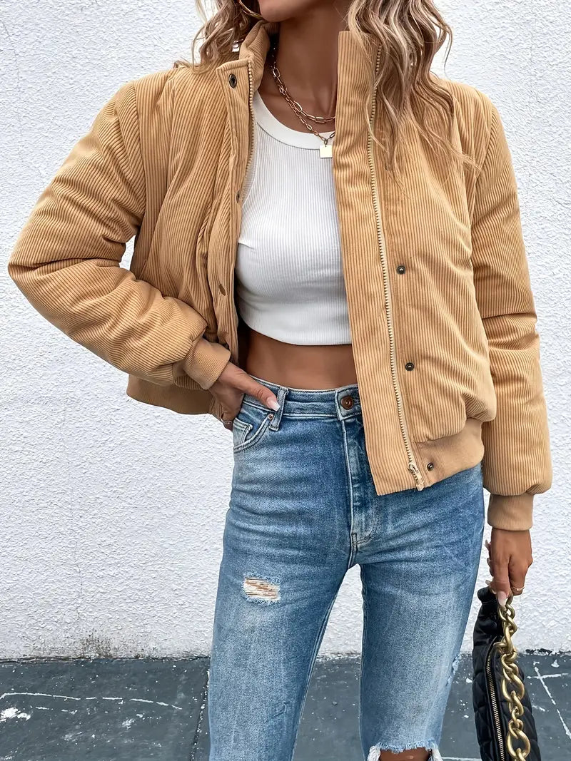 Street-Wave Corduroy Jacket With Zipper And Snap Closures Cozy Warmth For Everyday Women