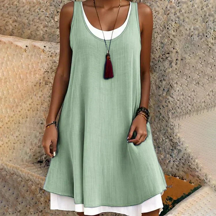 Women's Layered Mini Dress with Sleeveless Design and Scoop Neck