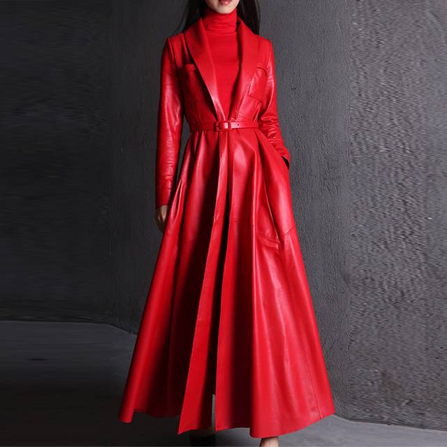 Streetwave Women's Faux Leather Maxi Coat Belted With Shawl Collar Double Layer For Elegant PU Leather Coat