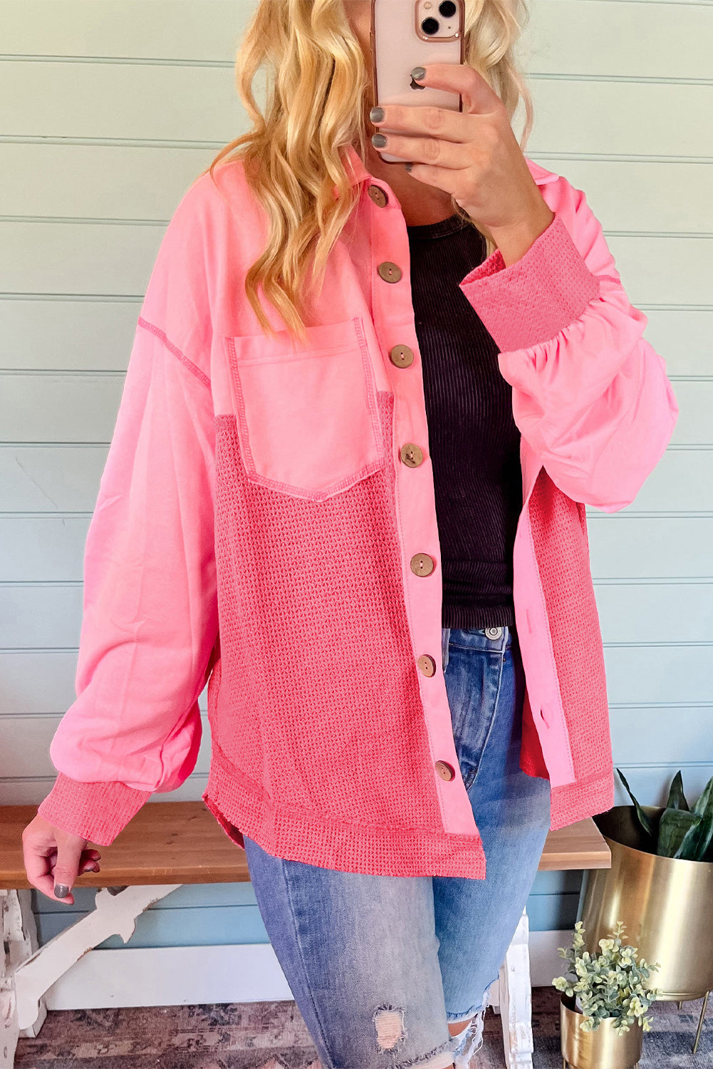 Street Wave Two Tone Waffle Knit Shirt Jacket Cotton Blend Comfort For Everyday Wear