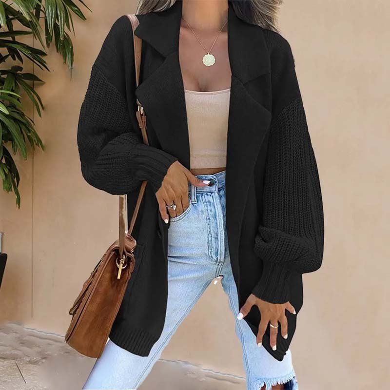 Street-wave Long Cardigan With Structured Sleeves Polyester For Women Timeless Elegant Comfort