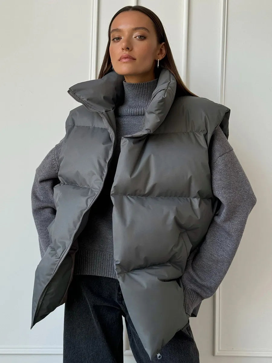 Street-wave Women's Puffer Vest In Neutral Colors With High Collar For Cozy All-Day Comfort