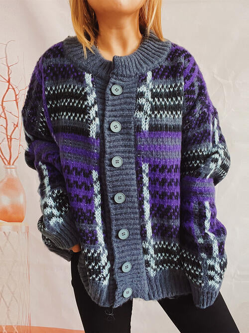 Street-wave Multicolor Knit Cardigan for Women Elegant Casual Button Front Cozy Versatile Everyday Wear