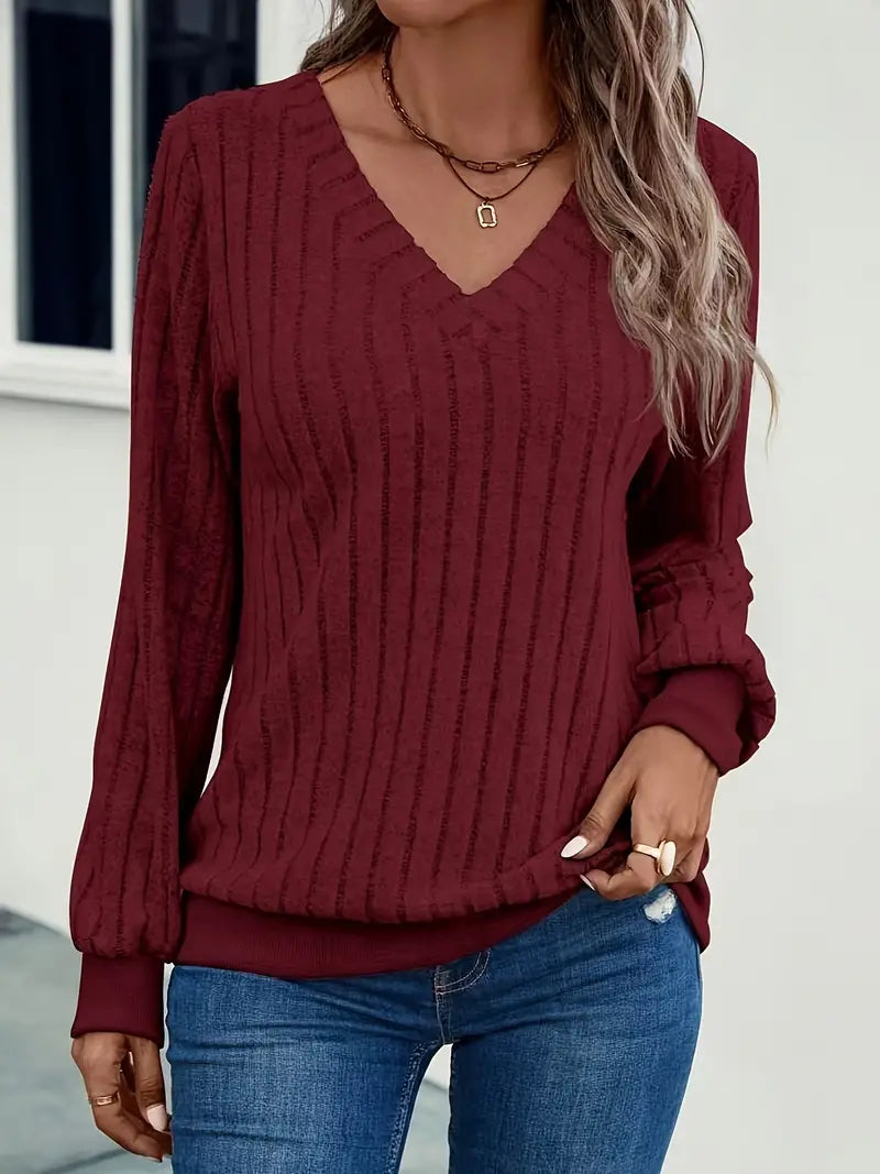 Street-Wave Ribbed V-Neck Sweater For Women - Cozy Timeless Maya Pullover With Elegant Knit Texture