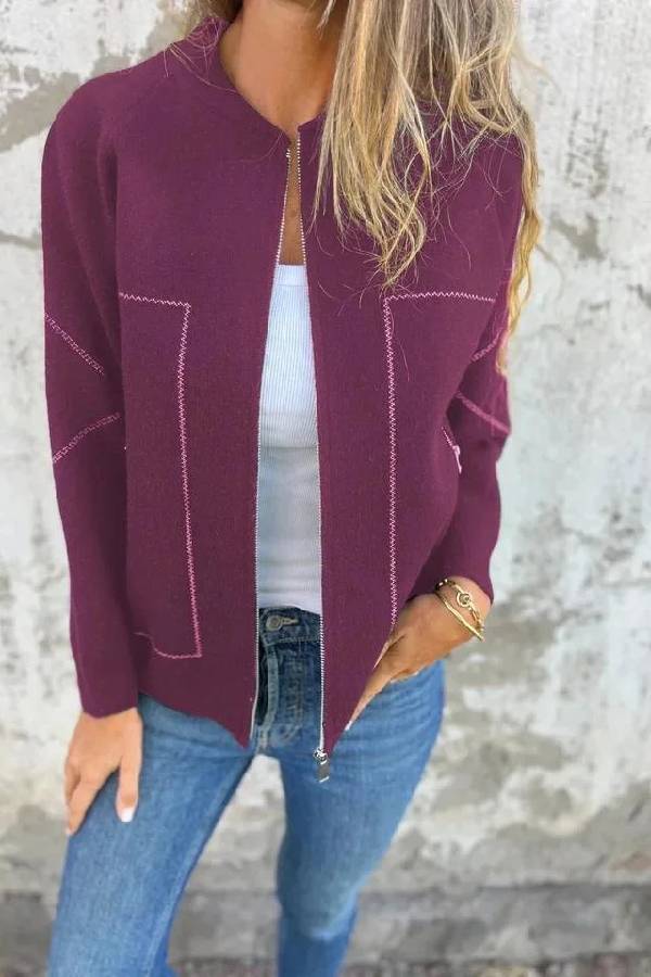 Street-Wave Womens Winter Coat Timeless Chic Zip Front Elegance With Classic Stitch Detailing