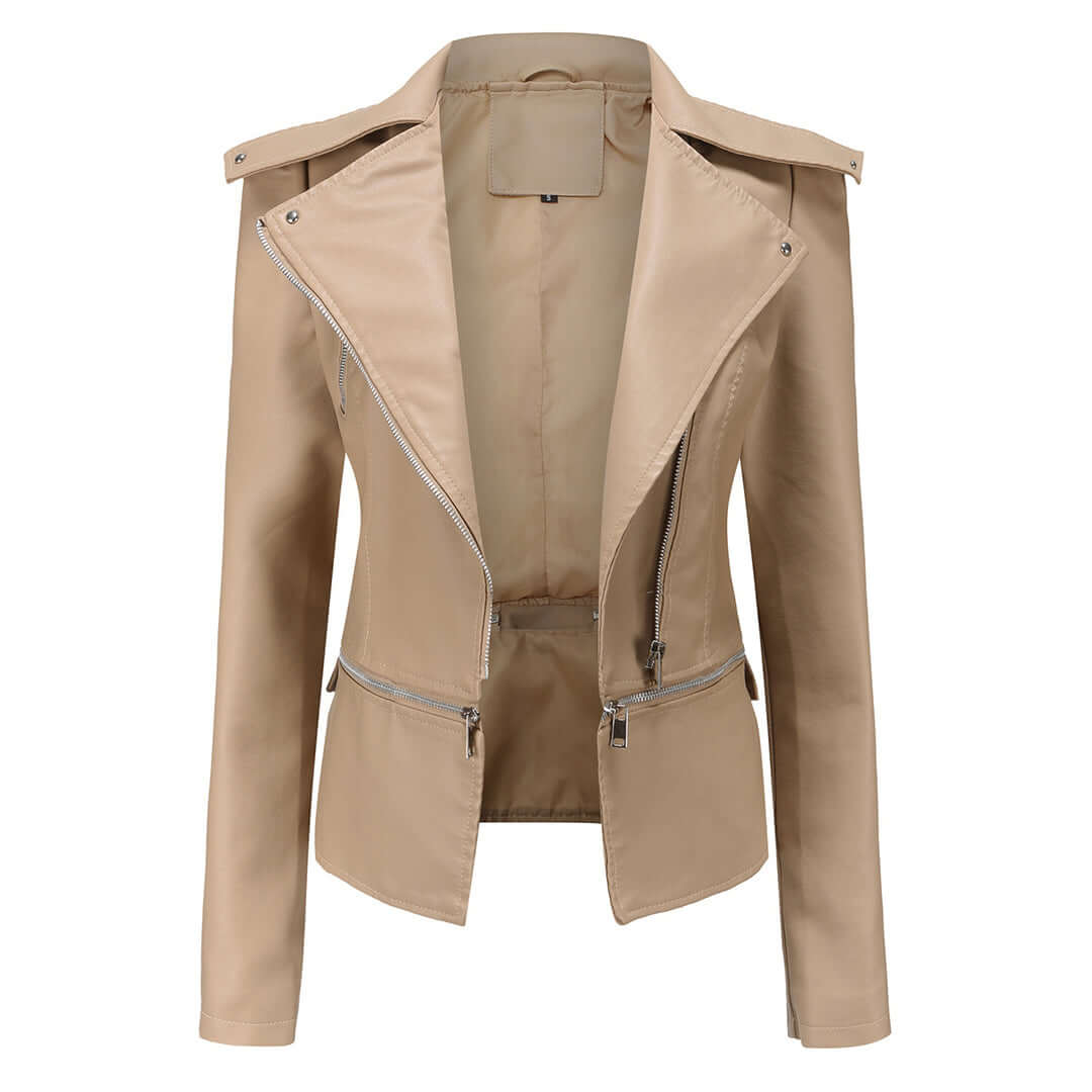 Street-wave Womens Rugged Leather Biker Jacket With Asymmetric Zip Front And Zippered Pockets