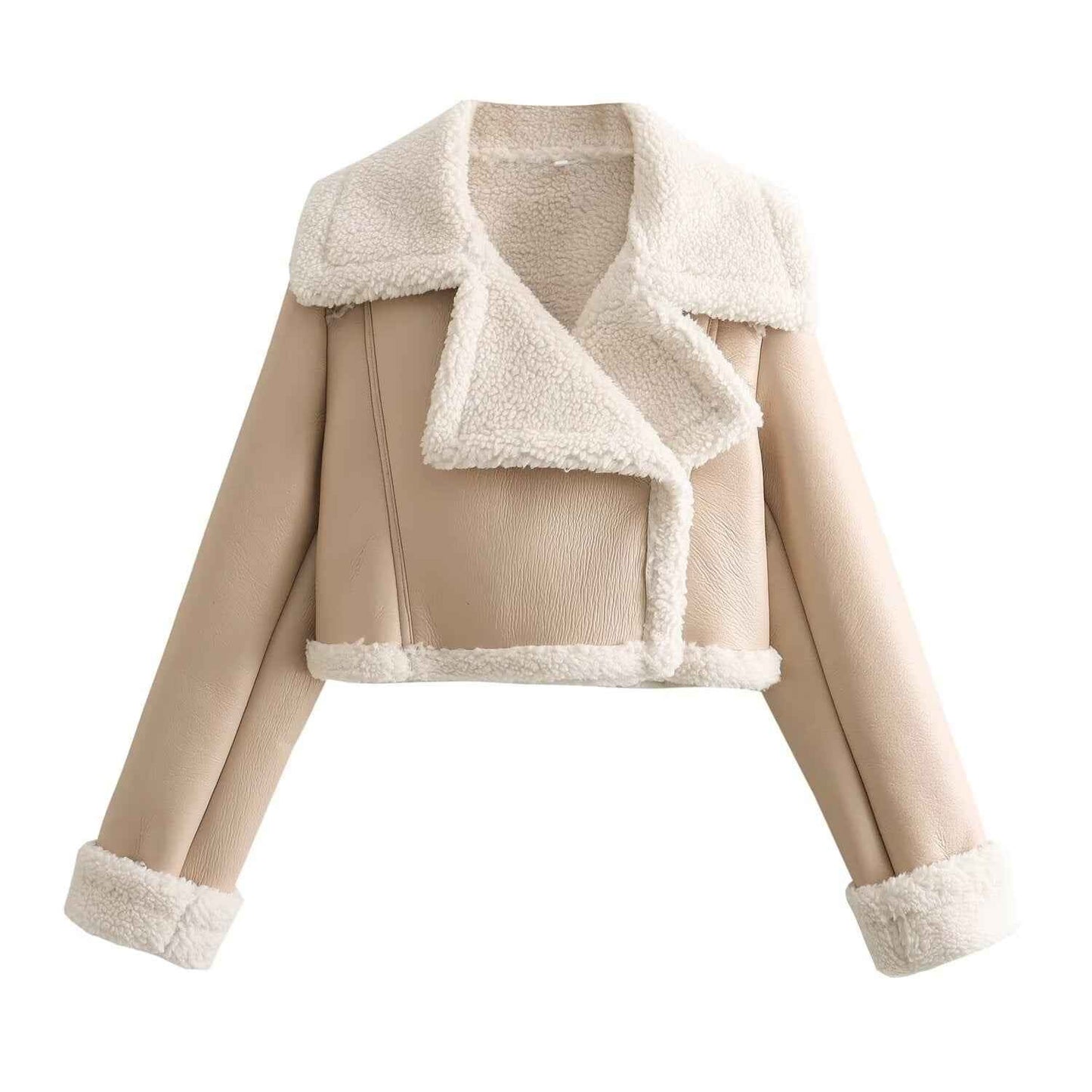 Street-Wave Women's Leather-Look Short Jacket With Plush Teddy Fur Lining For Cozy Urban Style