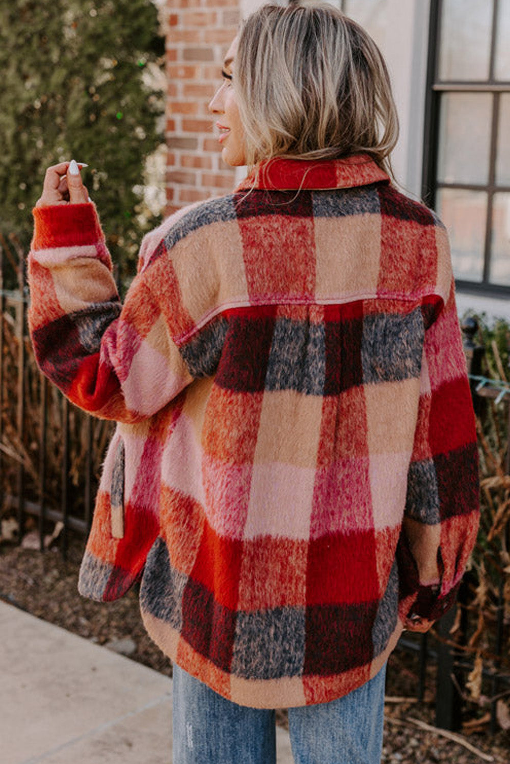 Street-wave Womens Oversized Plaid Jacket Versatile Orange With Button Front And Flap Pockets