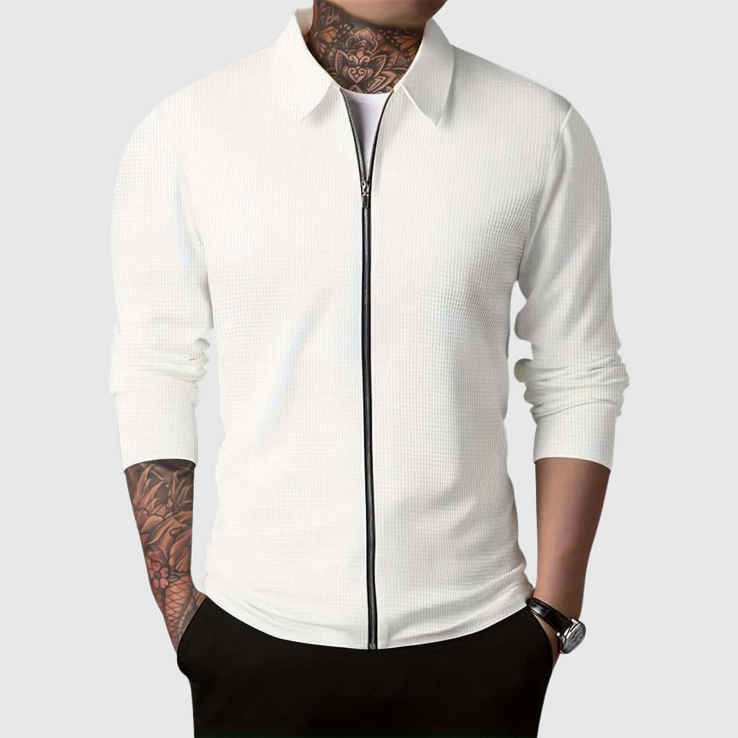 Street Wave Waffle Knit Zip Up Jacket For Men, Stylish Warmth And Breathable Comfort