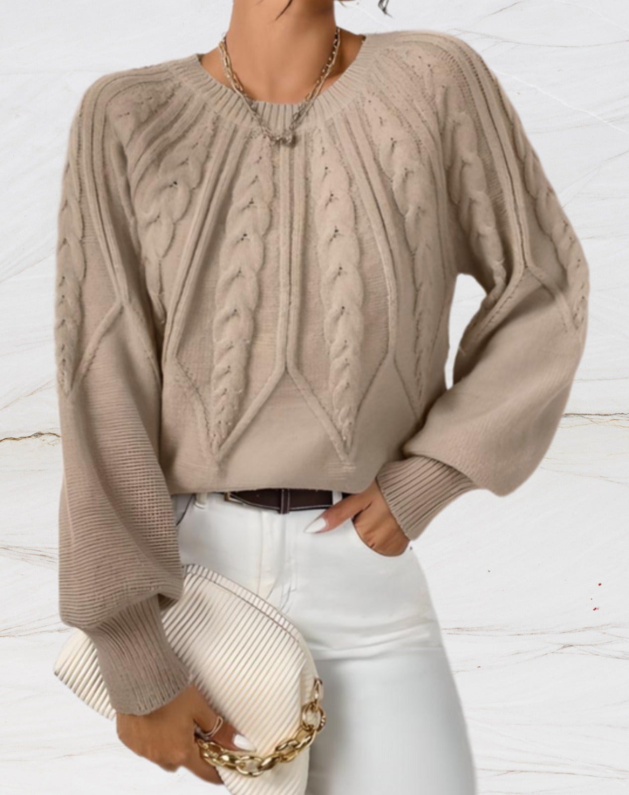 Cable Knit Pullover Street-Wave Beige With Arrow Pattern For Women Cozy Premium Knitwear