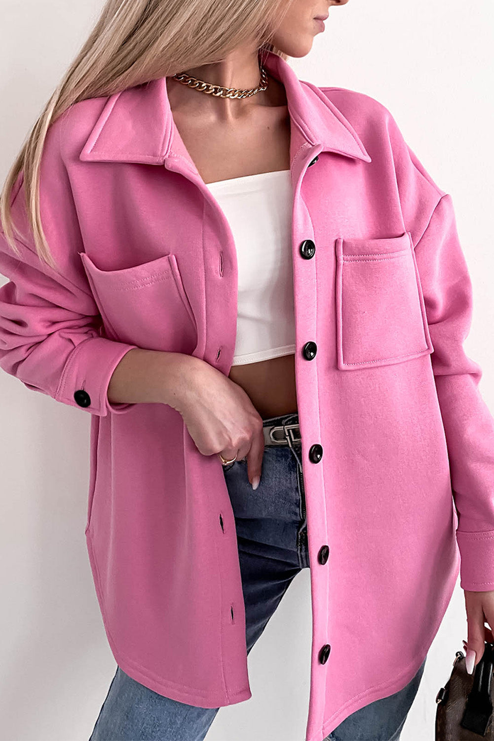 Street-wave Oversized Blouse With Large Pockets Minimalist Polyester For Everyday Chic Women