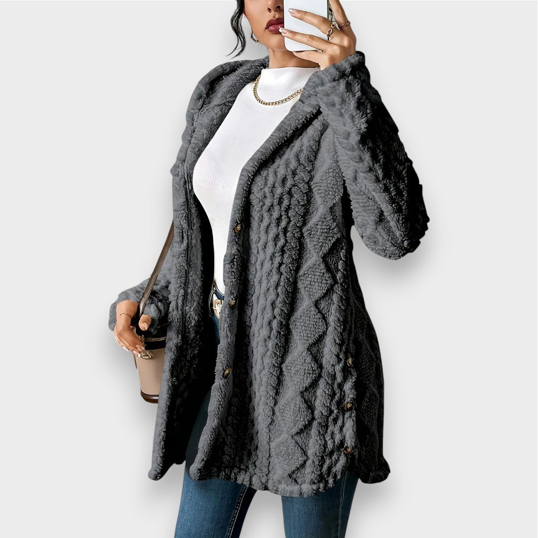 Street-Wave Plush Hoodie Cardigan For Women Ultra Soft Cozy Elegance With Refined Knit And Button Details
