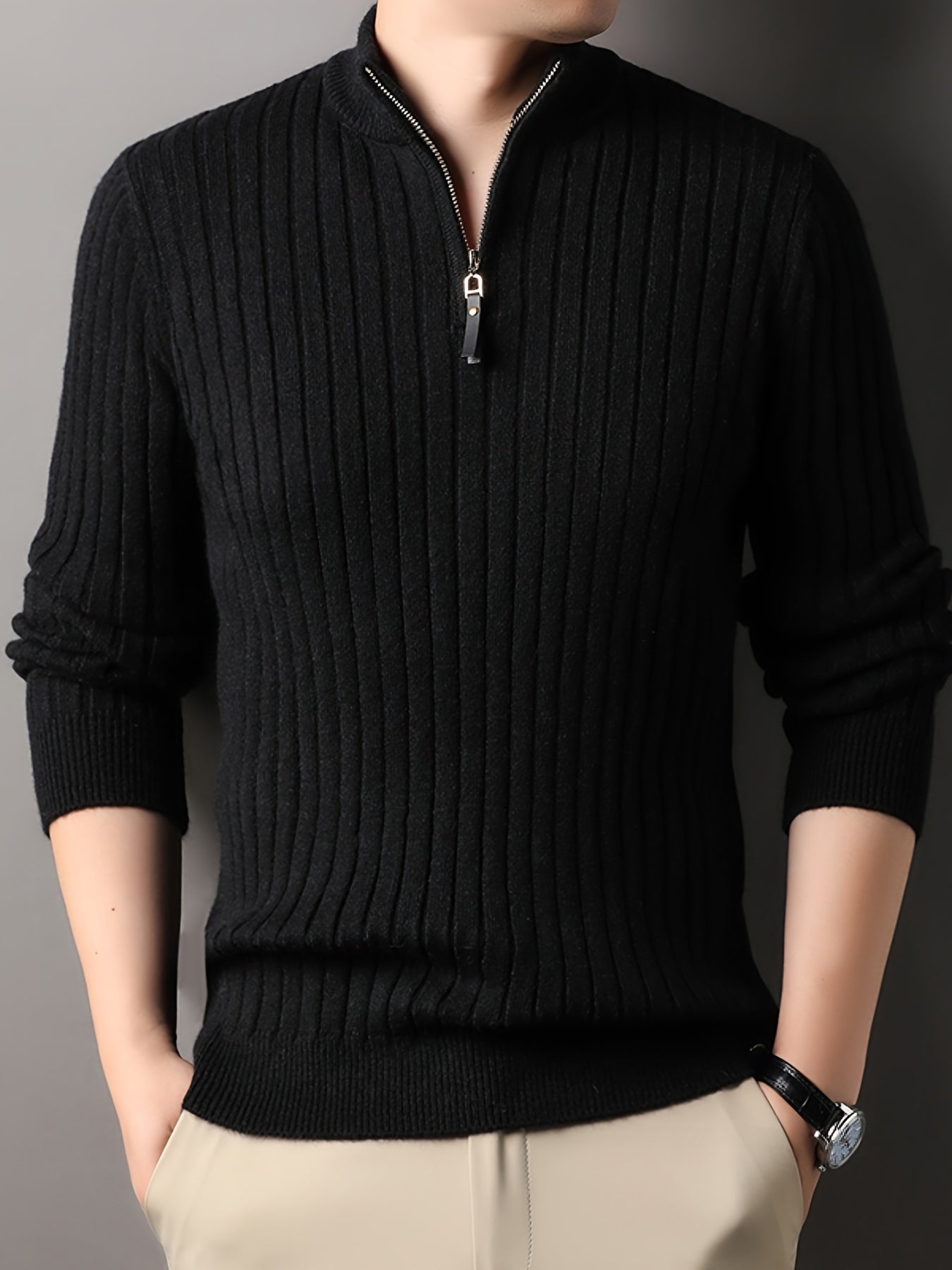 Street Wave Ribbed Zip Neck Sweater For Men Cozy Knit