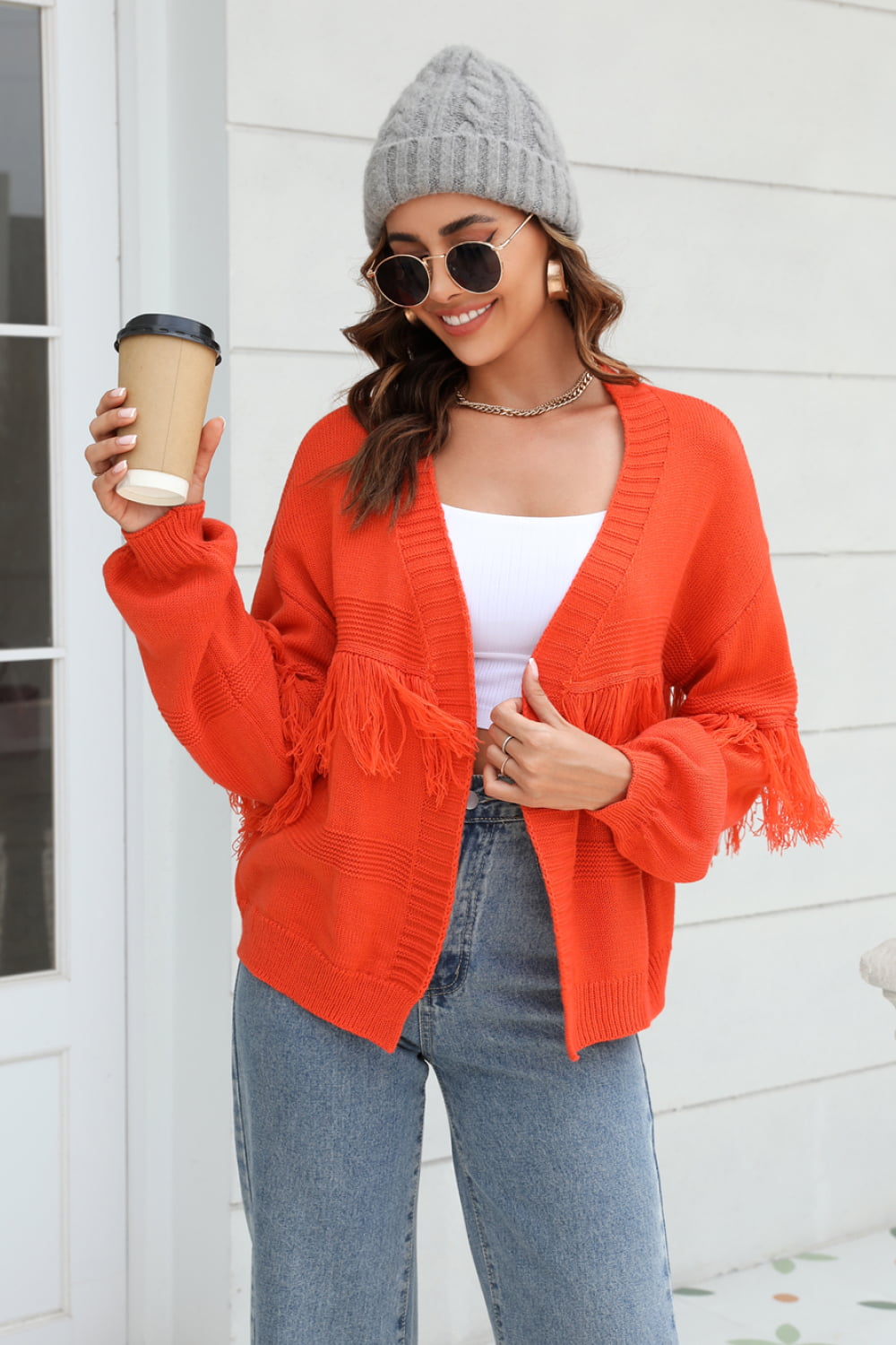 Streetwave Fringed Open Front Cardigan With Fringe Hem Pink For Women Soft Knit Cozy Everyday Chic