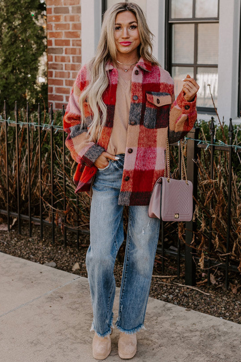 Street-wave Womens Oversized Plaid Jacket Versatile Orange With Button Front And Flap Pockets