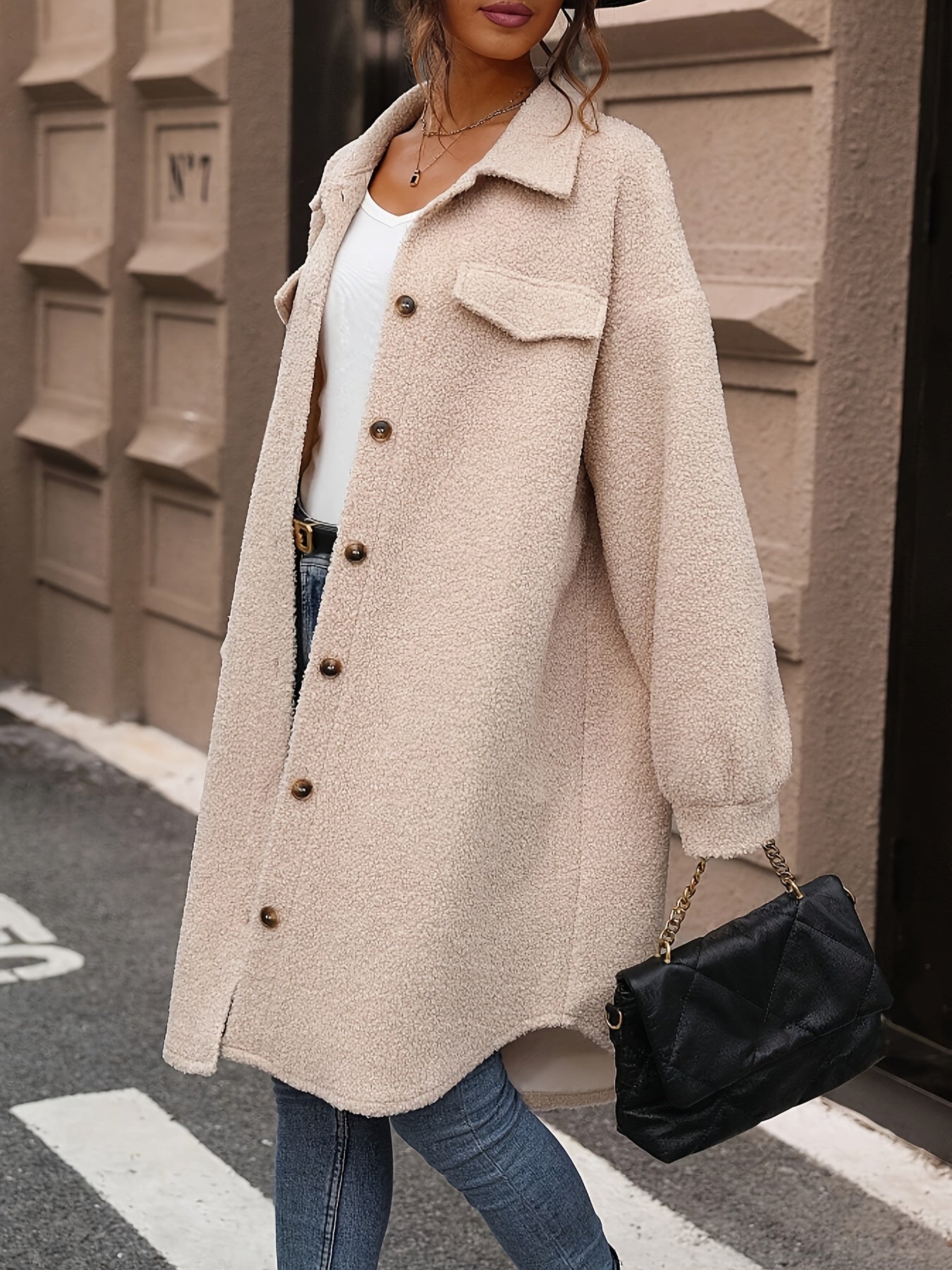 Street-wave Oversized Teddy Coat With Large Pockets Cozy Polyester For Women Fashionistas