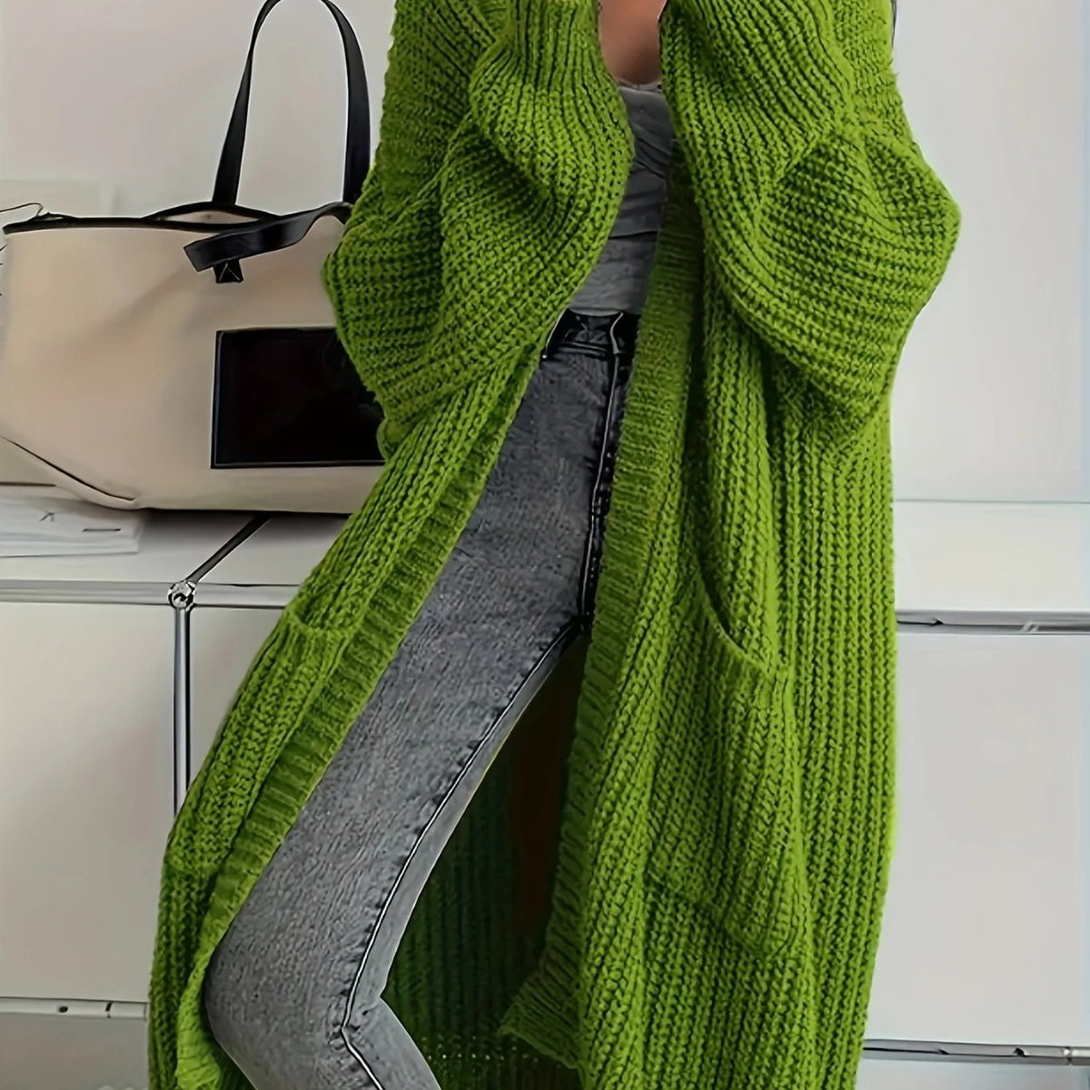 Street-wave Belted Chunky Knit Cardigan For Women Cozy Winter Wear With Open Front And Pockets
